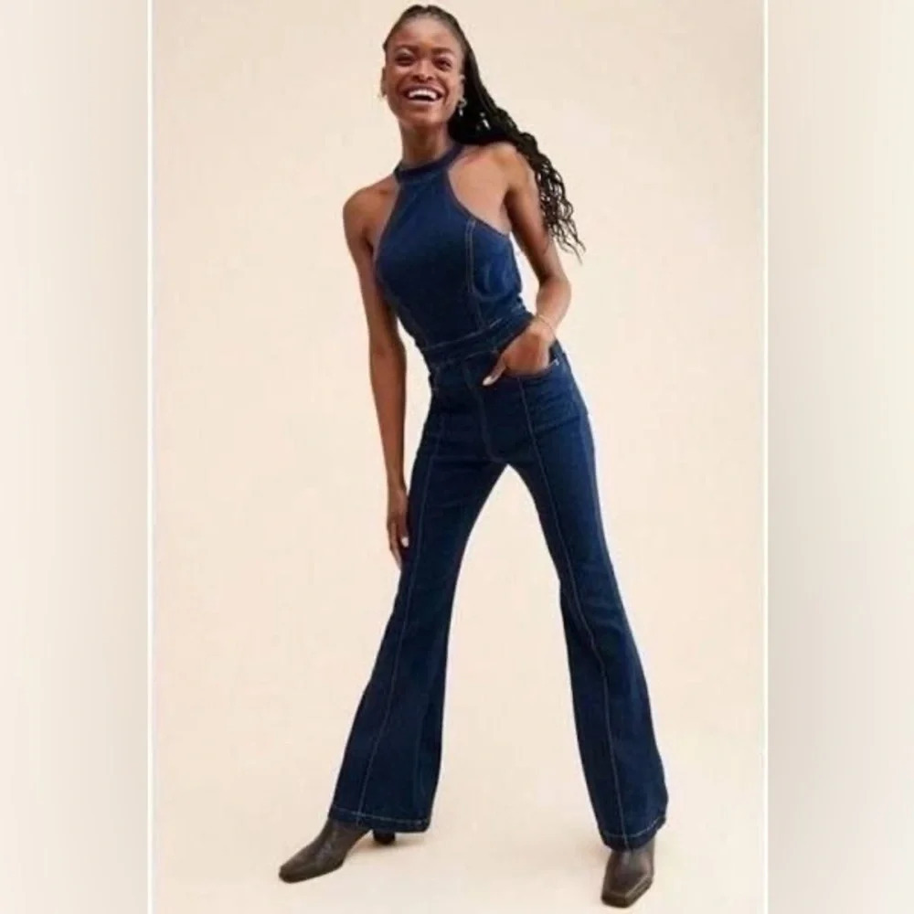 New! Free People WE THE FREE Crvy Sydney Denim Jumpsuit Dark Wash 16835